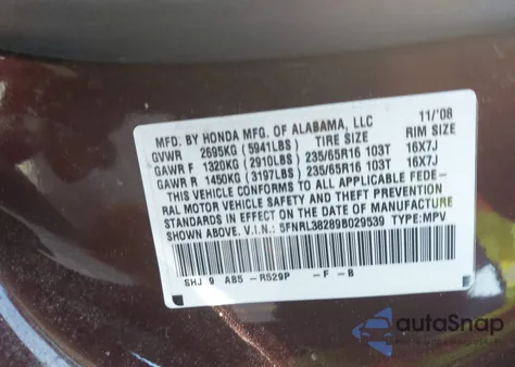 2009 Honda Odyssey Lx from USA, damaged, VIN 5FNRL38289B029539